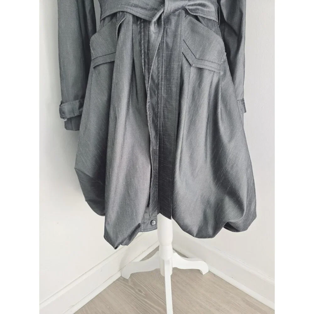 Samuel Dong Gray Metallic Taffeta Collared Bubble Hem Zip Trench Jacket Coat XL - Picture 6 of 14
